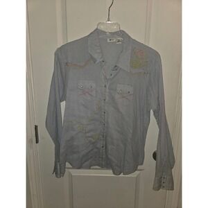 Punch Womens XL Blue Swiss Dot Western Snap Shirt Floral Embroidery Long Sleeve